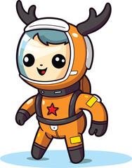Cute cartoon astronaut antlers wearing space suit helmet. Childish spaceman character friendly smile, space exploration