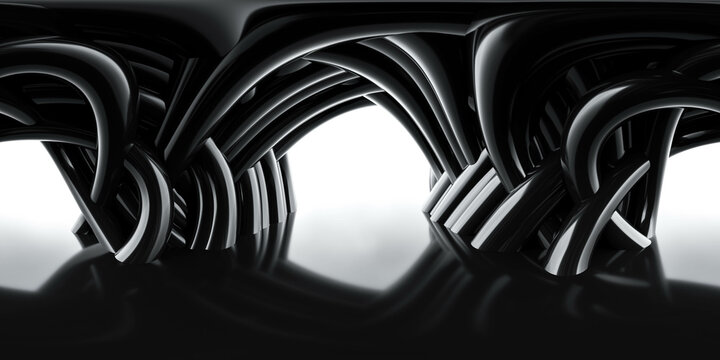 Abstract black and white curved structures in a reflective symmetrical composition 360 panorama vr environment map