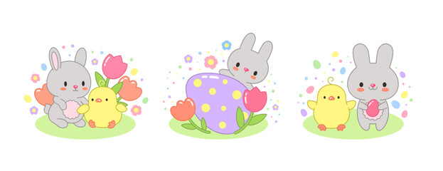 Kawaii Easter spring vector illustration - adorable bunny and chick. Spring flowers, Easter egg. Cute characters anime style animal and bird. For Easter greeting card, egg hunt sign, home decor.