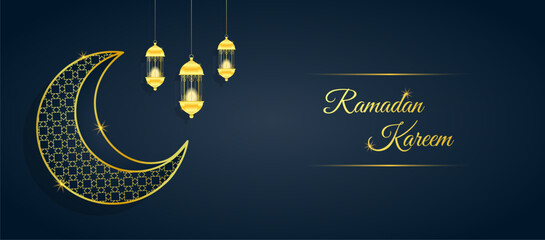 Ramadan Kareem. Gold moon and abstract luxury islamic elements background.