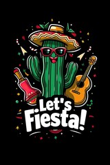 Festive cactus character with guitar and maracas for a fiesta.