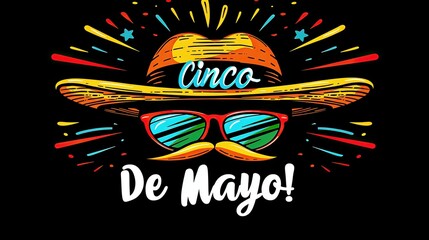 Colorful Cinco de Mayo celebration graphic with sombrero and sunglasses.
