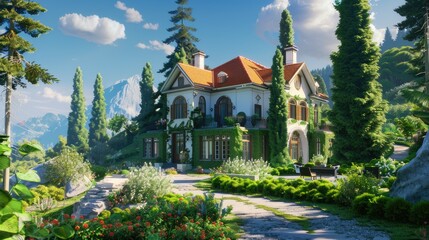 Fototapeta premium a luxurious two-story cottage nestled amidst lush greenery, with majestic green thujas towering nearby, evoking a sense of tranquility and elegance.