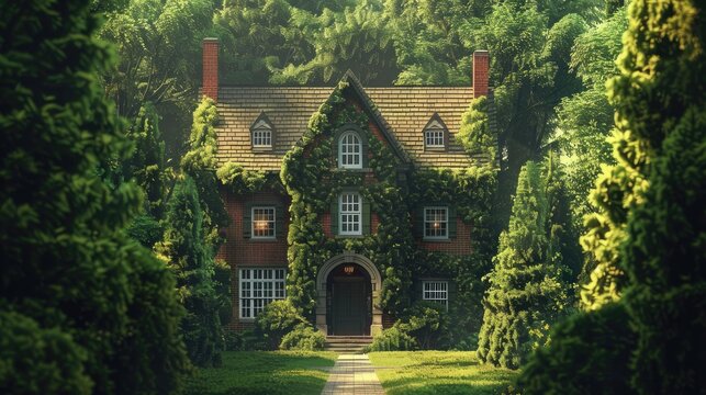 a luxurious two-story cottage nestled amidst lush greenery, with majestic green thujas towering nearby, evoking a sense of tranquility and elegance.