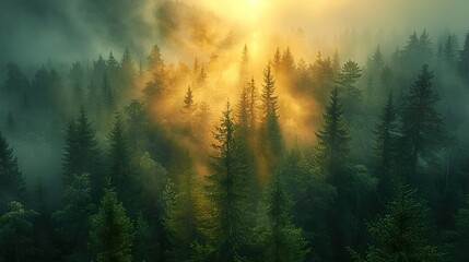 Naklejka premium A swedish dreamy spruce forest, morning light, fog. Ai generative