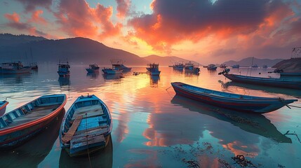 Fishing vessels moored at the harbor with a breathtaking sunset casting warm hues over the calm waters.