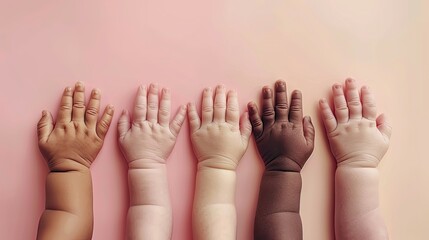 Several baby hands of different skin tones on a pink background.