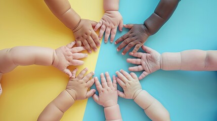 Diverse baby hands forming a circle on a colorful background.