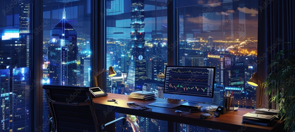 Poster a workstation with a forex chart on the monitor and a view of the city at night. concept of business