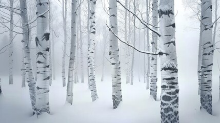 Snowy trunks of birch trees in winter forest