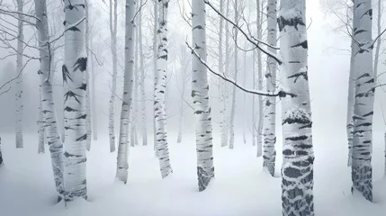 Zelfklevend Fotobehang Snowy trunks of birch trees in winter forest © Lubos Chlubny