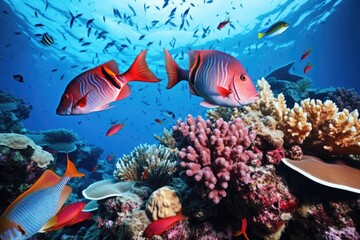 Fototapeta premium Fish over a coral reef in the sea.