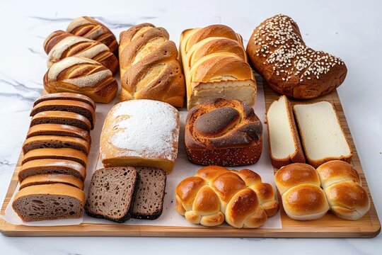 Assorted bakery products including loaves of bread and rolls.
