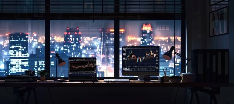A workstation with a forex chart on the monitor and a view of the city at night. Concept of business and finance