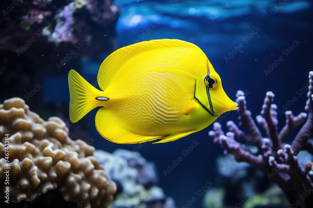 Wall mural Yellow tang fish on coral reef