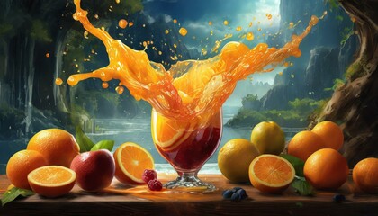 Orange juice battle with Red Juice Splashes Product shots juice particles glass of juice and fruit luscious fruit juice
