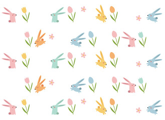 Happy Easter vector illustrations of bunnies, rabbits icons, decorated with flowers and eggs