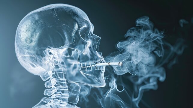 An X-ray styled image of a skull smoking a cigarette, highlighting health risks.