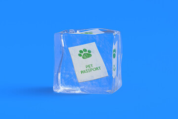 Pet passport in ice cube. 3d illustration