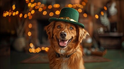Golden retriever dog in leprechaun hat with bokeh background