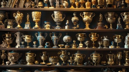 a shelf adorned with gleaming golden trophies, each representing a significant achievement and dedication.