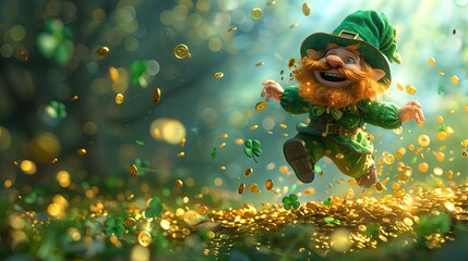 happy Leprechaun spilling gold coins. Dynamic illustration of Saint Patrick's Day and wealth concept - obrazy, fototapety, plakaty
