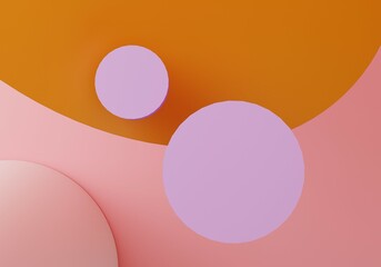Top view scene with geometrical circles to show cosmetic products. Empty purple platform, podium on pink and orange shapes in the background. 3D Trendy mock up rendering colorful background.