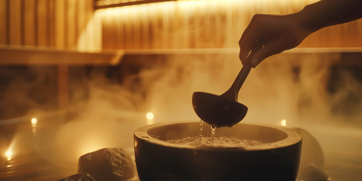 Aufguss in der Sauna | Wasser wird mit der Sch&ouml;pfkelle &uuml;ber die hei&szlig;en Saunesteine gekippt, Dampf steigt auf.