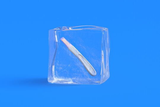 Pregnancy test in ice cube. 3d illustration