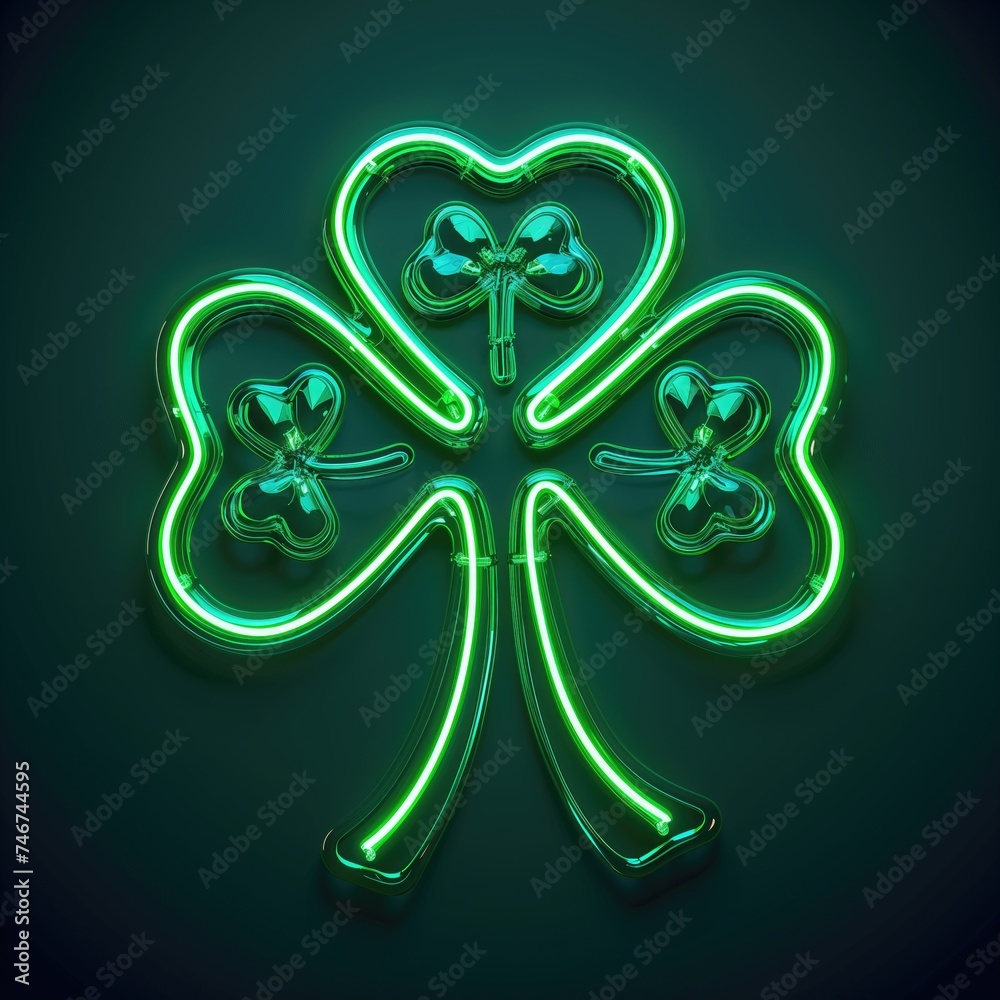 Wall mural St. Patrick's Day neon sign with shamrock leaves on green wall background. Vector illustration.