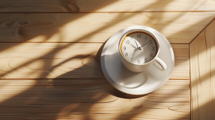 Top view of a cup of coffee or tea in rays of sunlight on a wooden table with a clock face on the surface, time for coffee concept