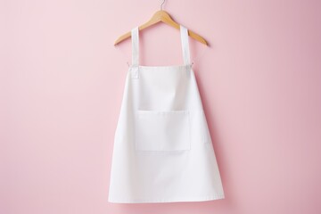 A clean, white apron hangs against a soft pink background, presented in a front view, ideal for design mockups and culinary branding