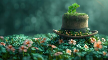 St. Patrick's Day background with green grass, flowers and hat - obrazy, fototapety, plakaty