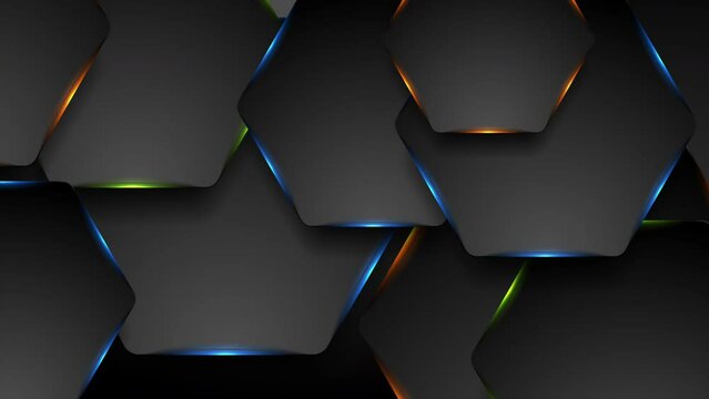Black tech hexagons with colorful glowing lights abstract background. Seamless looping neon geometric motion design. Video animation Ultra HD 4K 3840x2160