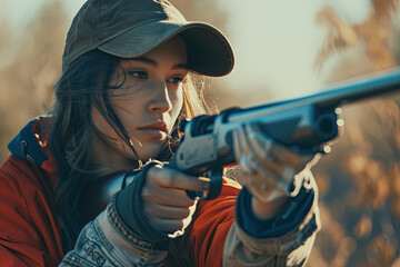 A female trap shooter read to shoot a clay pigeon