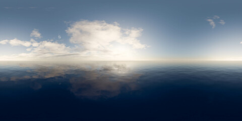 Fototapeta na wymiar Expansive ocean view under vast sky with towering cumulus cloud at sunset 3d render illustration 360 panorama vr environment map