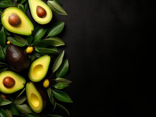 Fresh avocados. Green avocado. Mockup. Top view. Flat lay. Whole and sliced ​​avocado on dark background with space for text.