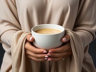Female hands with a cup of hot coffee. Coffee cup mockup High quality photo Generated Ai
