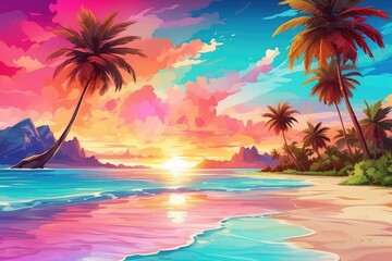 A vibrant summer background with a colorful sunset over a tropical beach, complete with palm trees and crystal clear water
