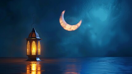 3D contemporary Islamic holiday banner, appropriate for Raya Hari, Eid al Adha, Mawlid, and Ramadan. a calm blue background with a lit lantern and a crescent moon decoration.