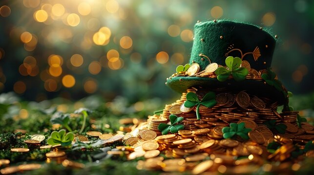 St. Patrick's Day background. St Patrick's Day hat with gold coins on green background. Holiday banner, web poster, flyer, stylish brochure, greeting card. Ai generative