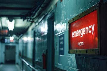 Red Emergency room symbol at hospital,with writing “emergency room”