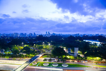 Aerial night view of Ibirapuera Park with Avenida 23 de Maio in the foreground