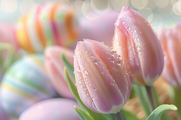 Easter Morning Serenity: A Close-Up of Dew-Kissed Tulips with Softly Blurred Pastel Easter Eggs in the Background.