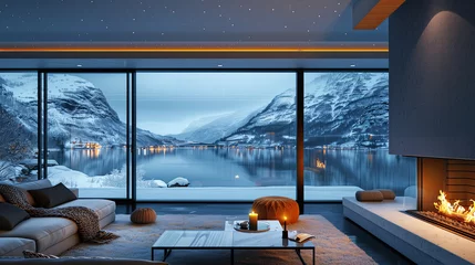 Foto op Canvas The interior of a beautiful living room is fully furnished, there is a fireplace in the room, a winter Norwegian fjord on the background, snowfall outside © mikhailberkut