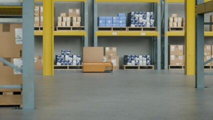 AI - Robots in factory moving orders throughout the factory completely automated technology.