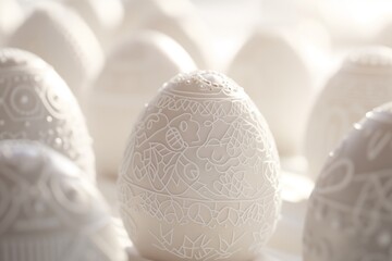 Easter Simplicity Redefined: Elegant White Easter Eggs Embellished with Minimalistic Designs on a Radiant Background - obrazy, fototapety, plakaty