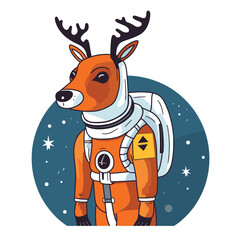 Deer astronaut suit space helmet, exploring stars. Cute animal orange space gear, cosmic adventure vector illustration