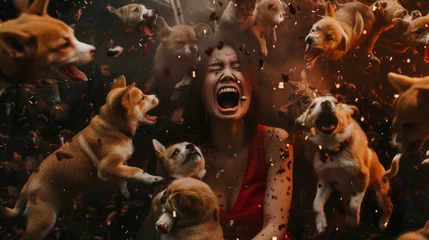 Fotobehang a woman yelling as a man throws puppies at her © Rafa