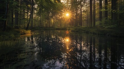 Dark summer forest with sun beams getting through the branches and reflecting in still waters of swampy marsh